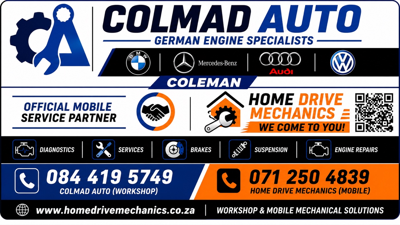 Home Drive Mechanics — Official Mobile Service Partner of Colmad Auto, German Engine Specialists (BMW, Mercedes, Audi, VW). Diagnostics, services, brakes, suspension & engine repairs. Call 084 419 5749 · WhatsApp 071 250 4839.